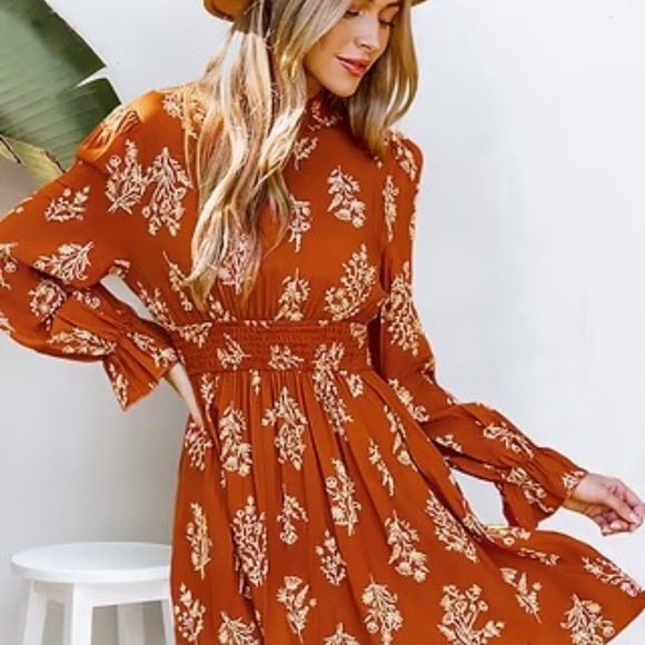 NWT Burnt Orange Floral Blouson Sleeve Mini Dress, SIZE SMALL - Picture 2 of 5